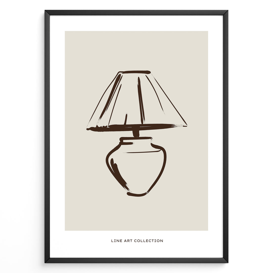 Framed minimalist poster featuring a hand-drawn lamp line art illustration in brown on a beige background from the Line Art Collection.