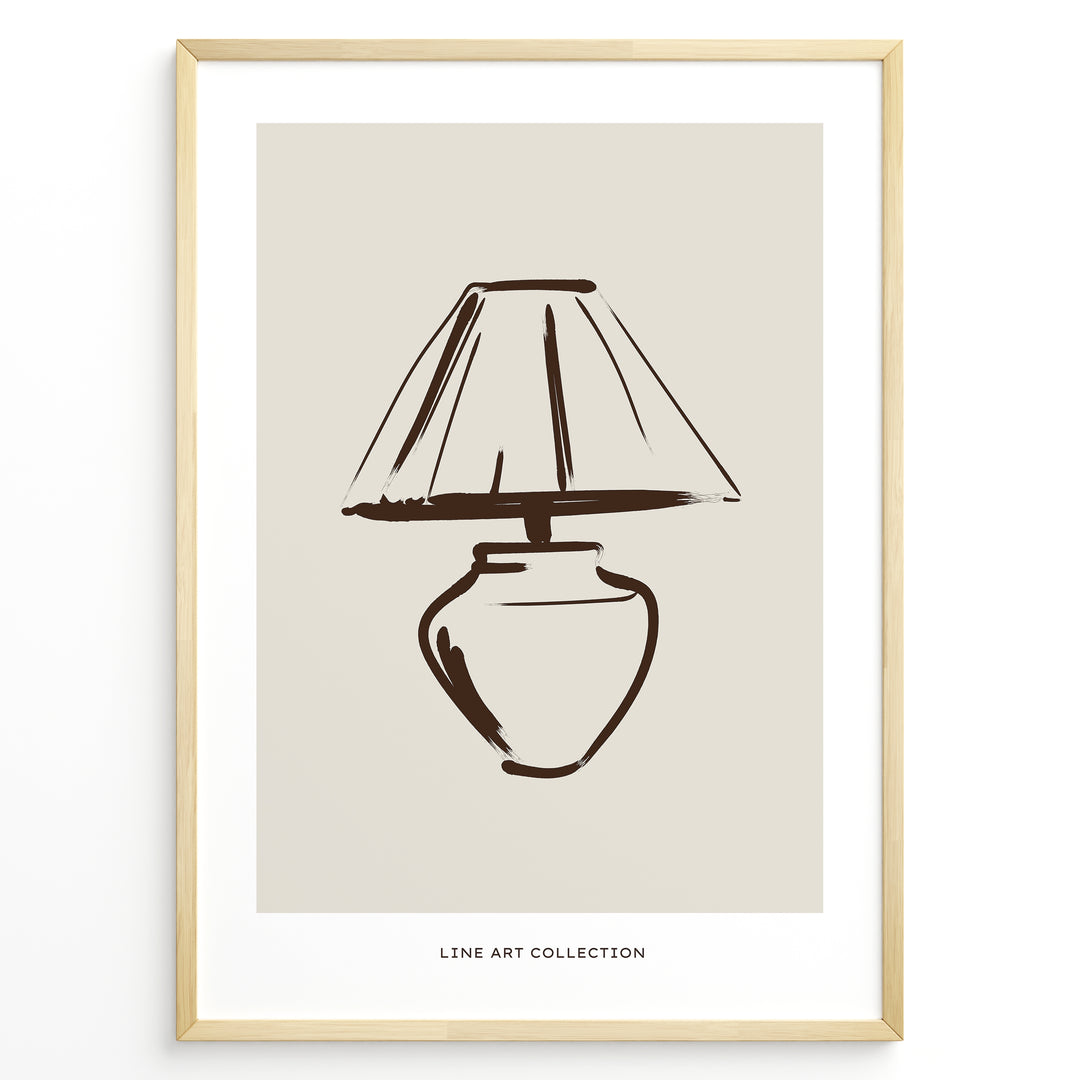 Framed minimalist poster featuring a hand-drawn lamp line art illustration in brown on a beige background from the Line Art Collection.