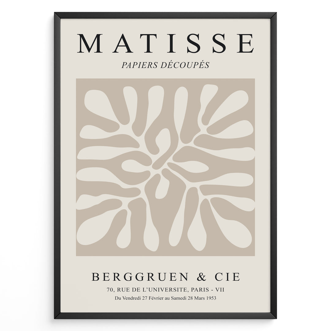 Framed Matisse Papiers Découpés poster with abstract beige cut-out shapes and black typography on a neutral background.
