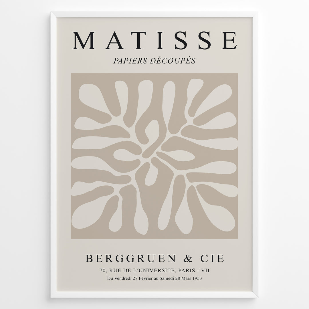 Framed Matisse Papiers Découpés poster with abstract beige cut-out shapes and black typography on a neutral background.