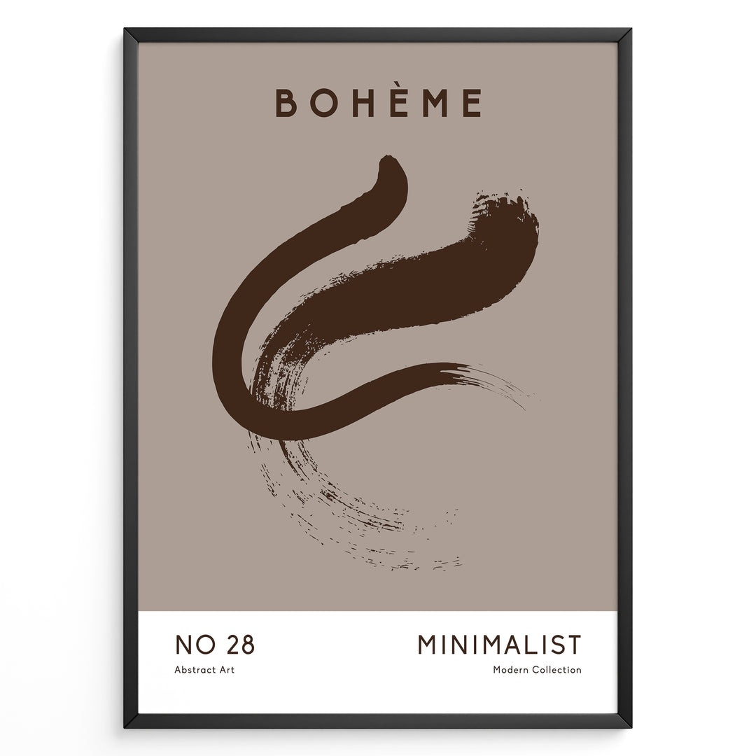 Framed Bohème minimalist poster featuring a brown abstract brushstroke design on a taupe background with modern typography.