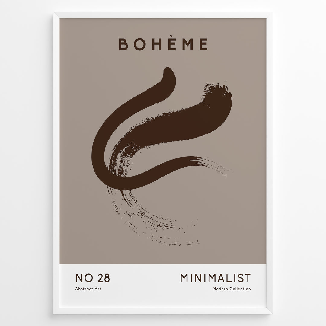 Framed Bohème minimalist poster featuring a brown abstract brushstroke design on a taupe background with modern typography.