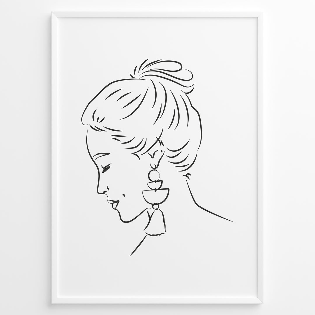 Minimalist black and white line art portrait of a woman with tassel earrings in a modern frame