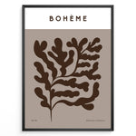 Ladda upp bild till gallerivisning, Framed Bohème poster featuring abstract brown botanical leaf design on a taupe background with minimalist typography.
