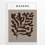 Ladda upp bild till gallerivisning, Framed Bohème poster featuring abstract brown botanical leaf design on a taupe background with minimalist typography.
