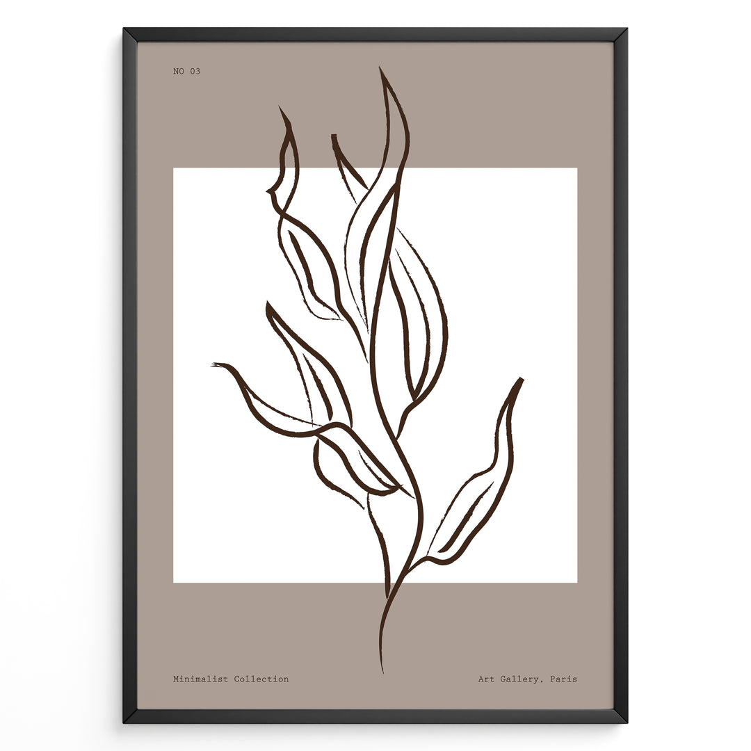 Framed minimalist botanical line art poster featuring abstract brown leaf illustration on taupe and white background.