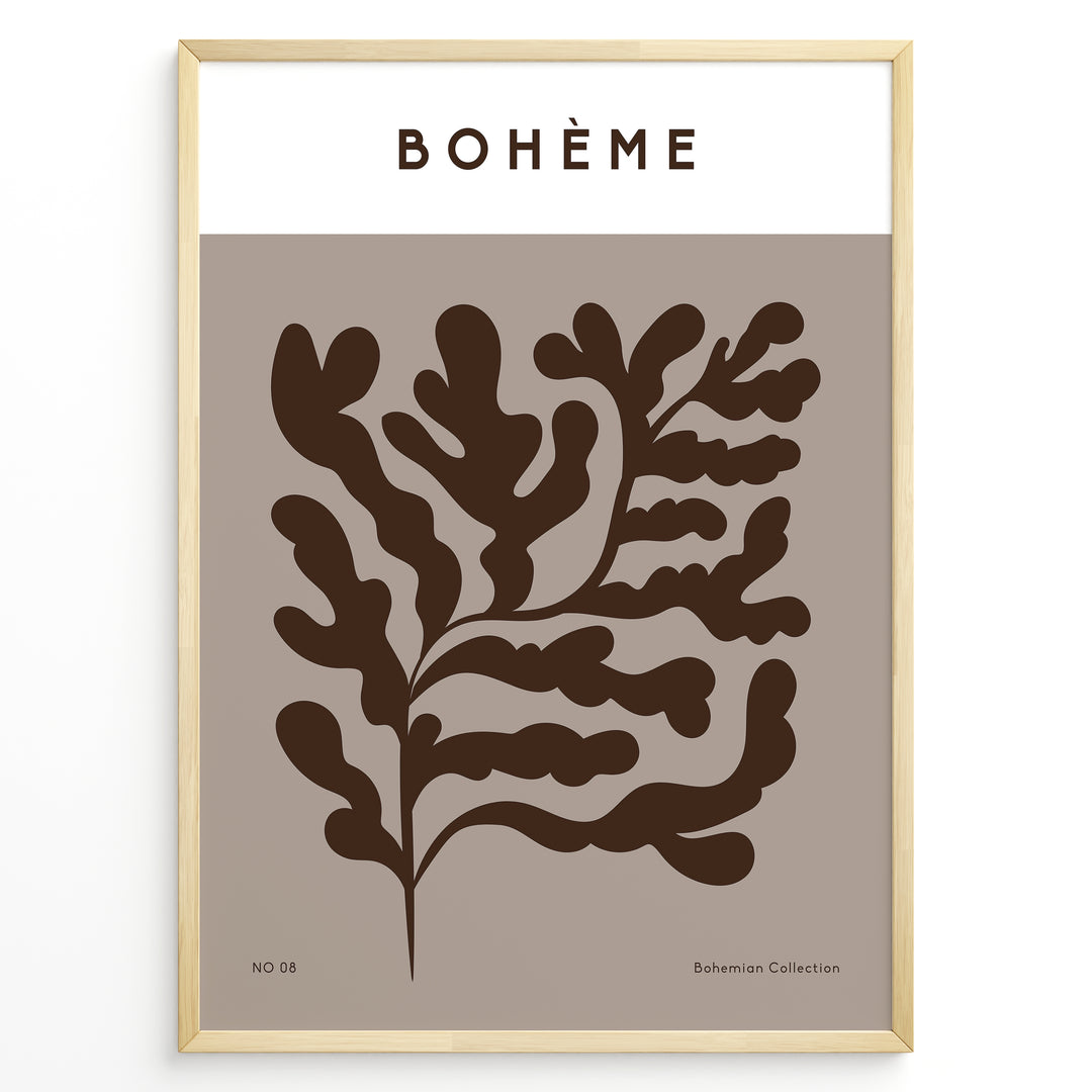 Framed Bohème poster featuring abstract brown botanical leaf design on a taupe background with minimalist typography.