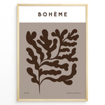 Ladda upp bild till gallerivisning, Framed Bohème poster featuring abstract brown botanical leaf design on a taupe background with minimalist typography.
