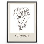 Ladda upp bild till gallerivisning, Framed Botanique poster featuring minimalist floral line art of two flowers on a white and beige background.

