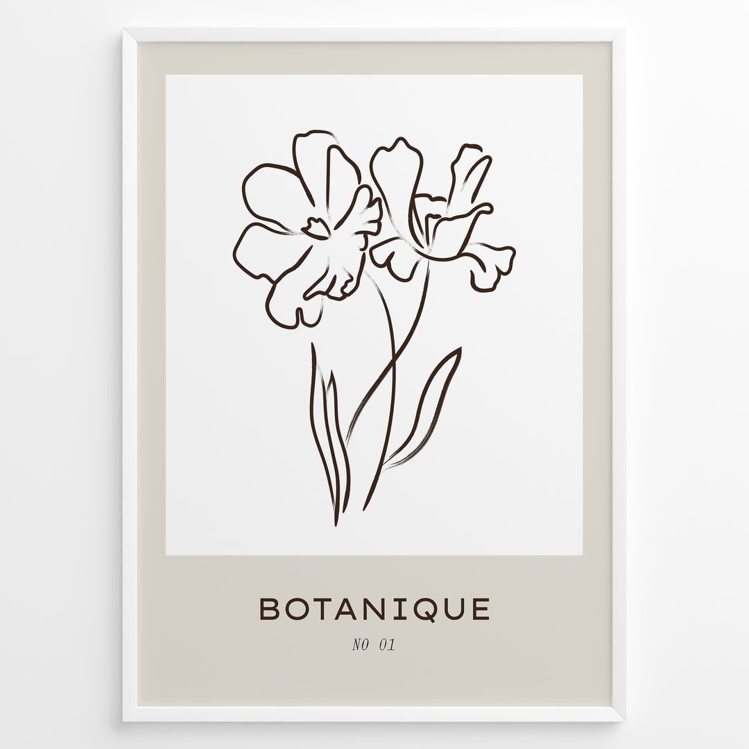 Framed Botanique poster featuring minimalist floral line art of two flowers on a white and beige background.