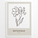 Ladda upp bild till gallerivisning, Framed Botanique poster featuring minimalist floral line art of two flowers on a white and beige background.
