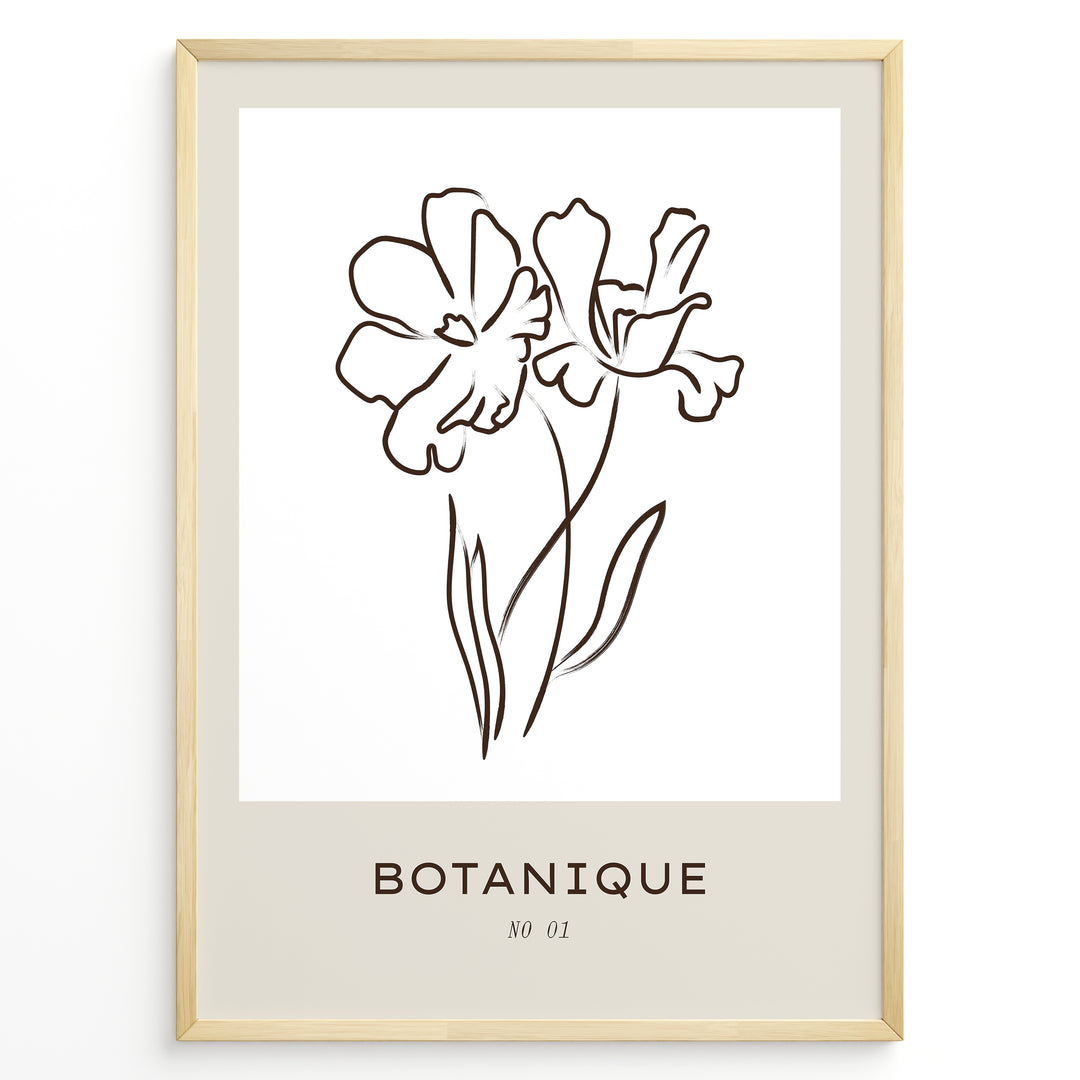 Framed Botanique poster featuring minimalist floral line art of two flowers on a white and beige background.