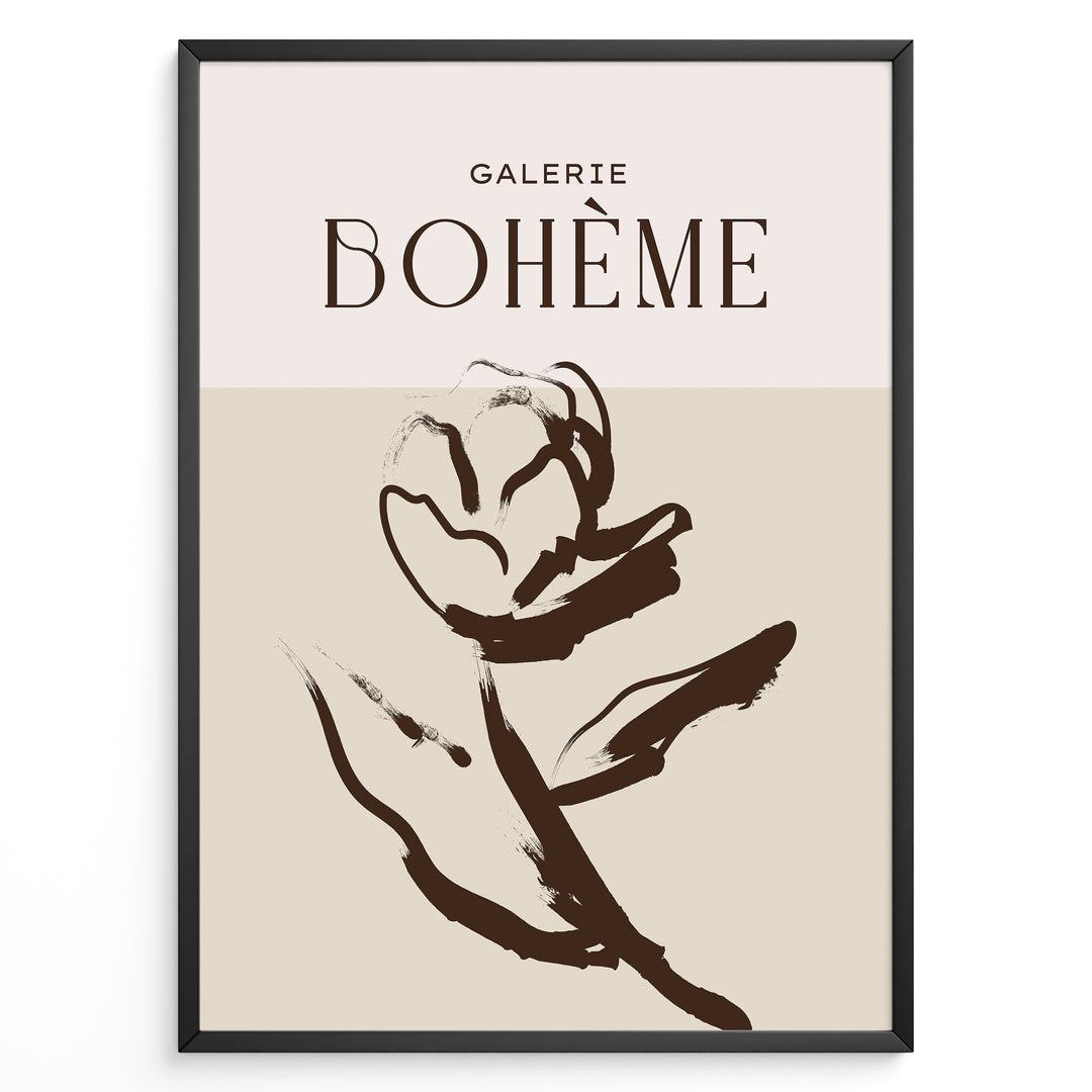 Framed Galerie Bohème poster featuring abstract brown floral line art on beige and light cream background.