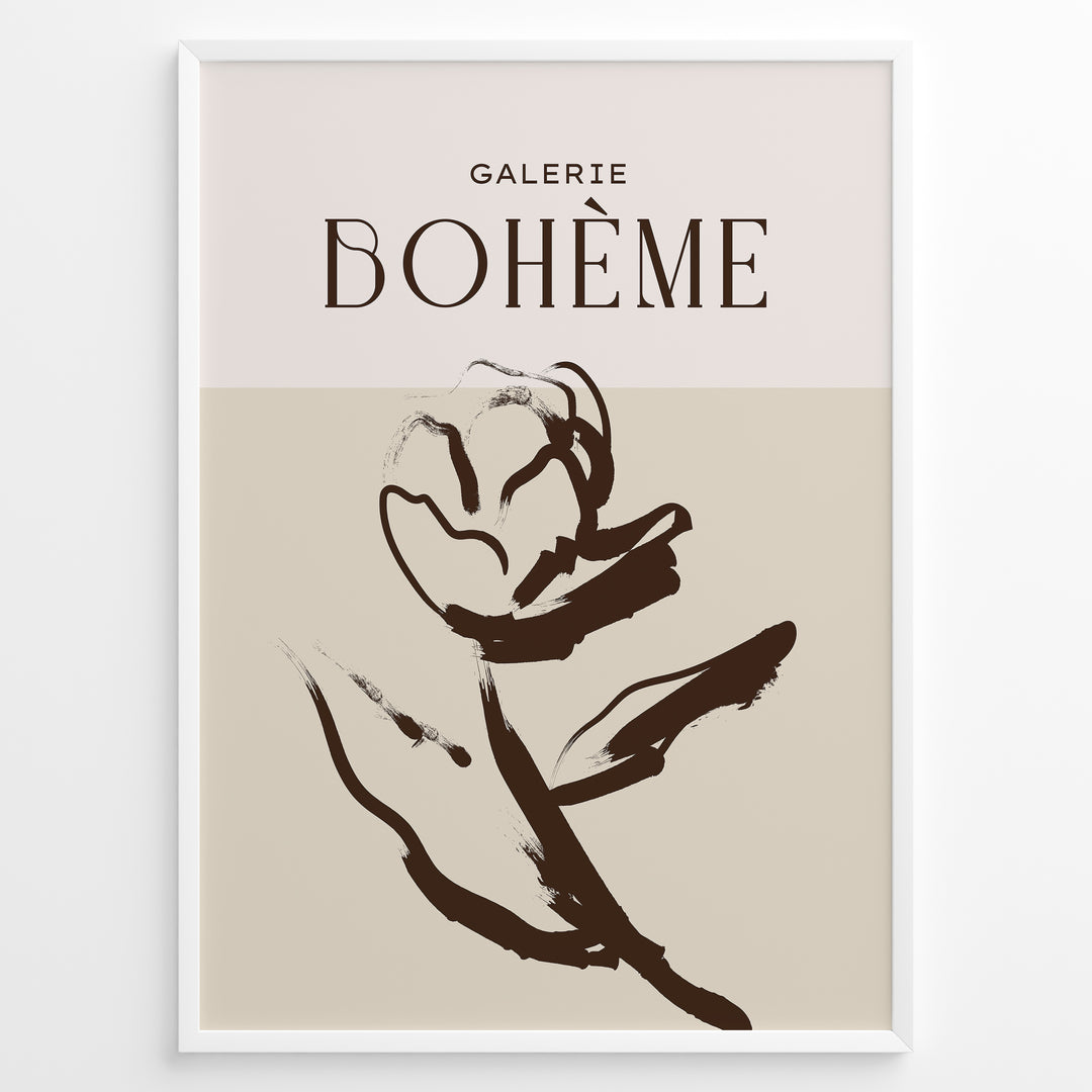 Framed Galerie Bohème poster featuring abstract brown floral line art on beige and light cream background.