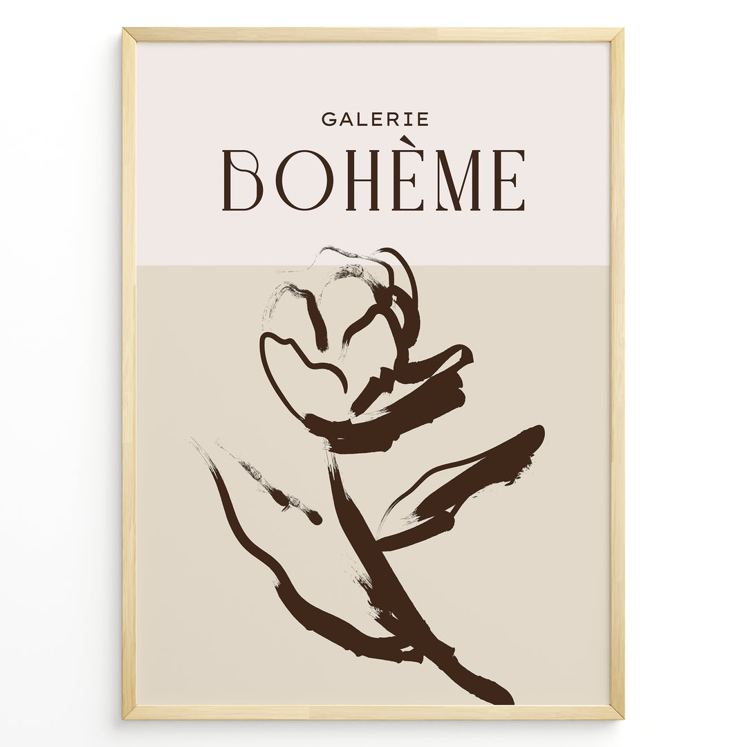 Framed Galerie Bohème poster featuring abstract brown floral line art on beige and light cream background.