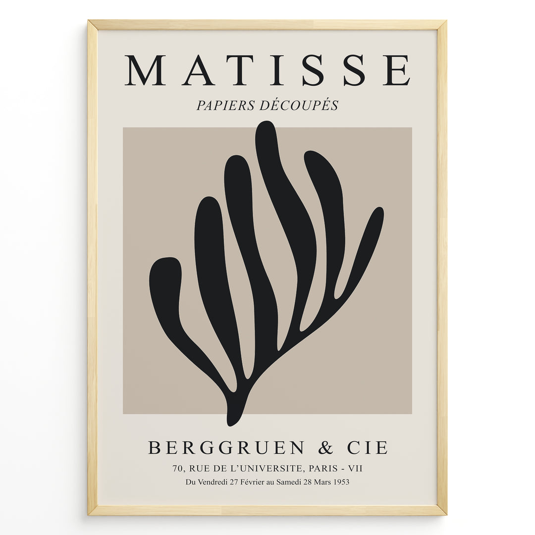 Framed Matisse Papiers Découpés poster featuring black abstract botanical shapes on a beige background with Berggruen & Cie text.