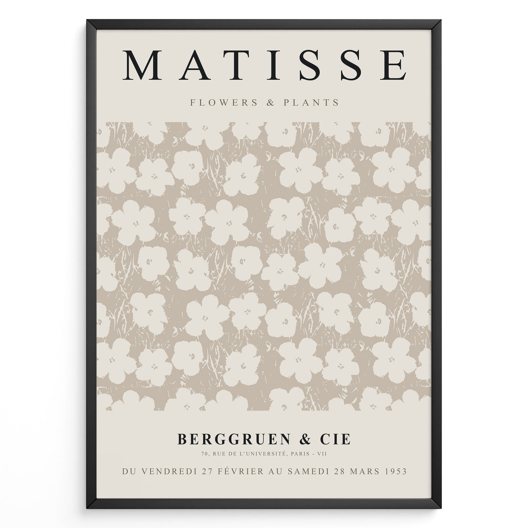 Framed Matisse Flowers & Plants poster featuring beige and cream floral pattern with Berggruen & Cie text at the bottom.