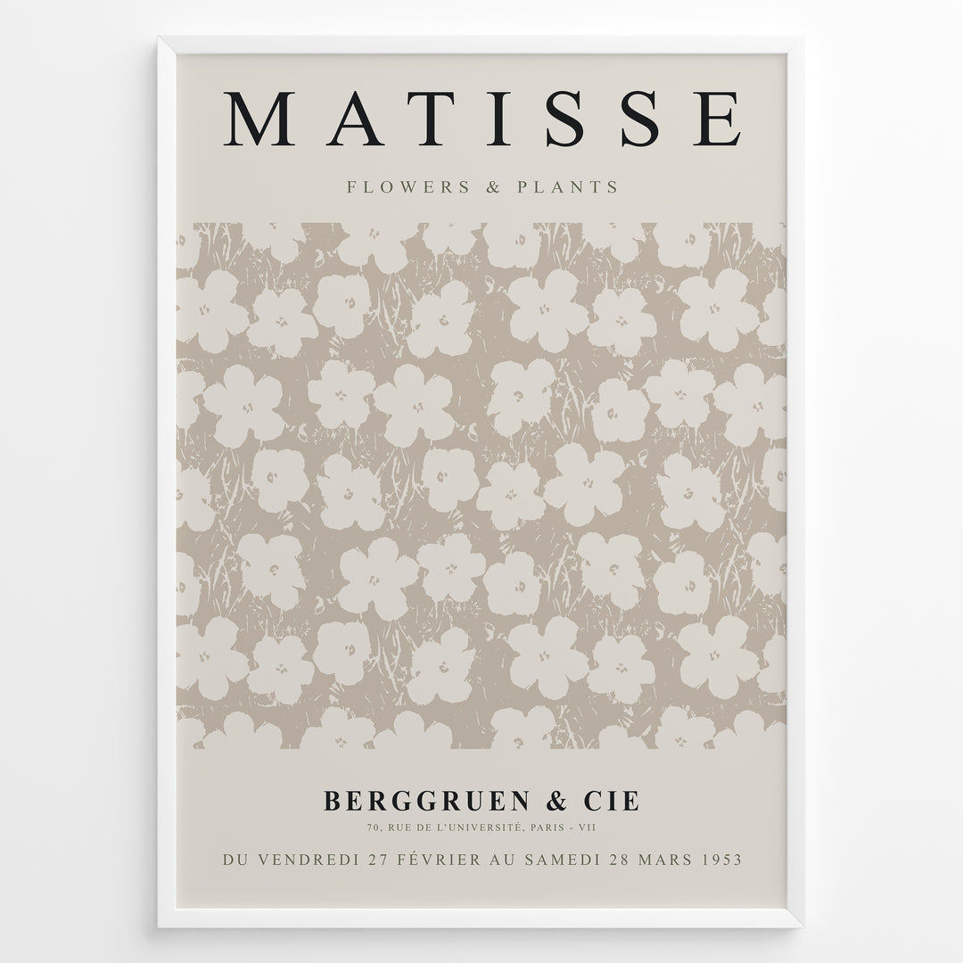 Framed Matisse Flowers & Plants poster featuring beige and cream floral pattern with Berggruen & Cie text at the bottom.