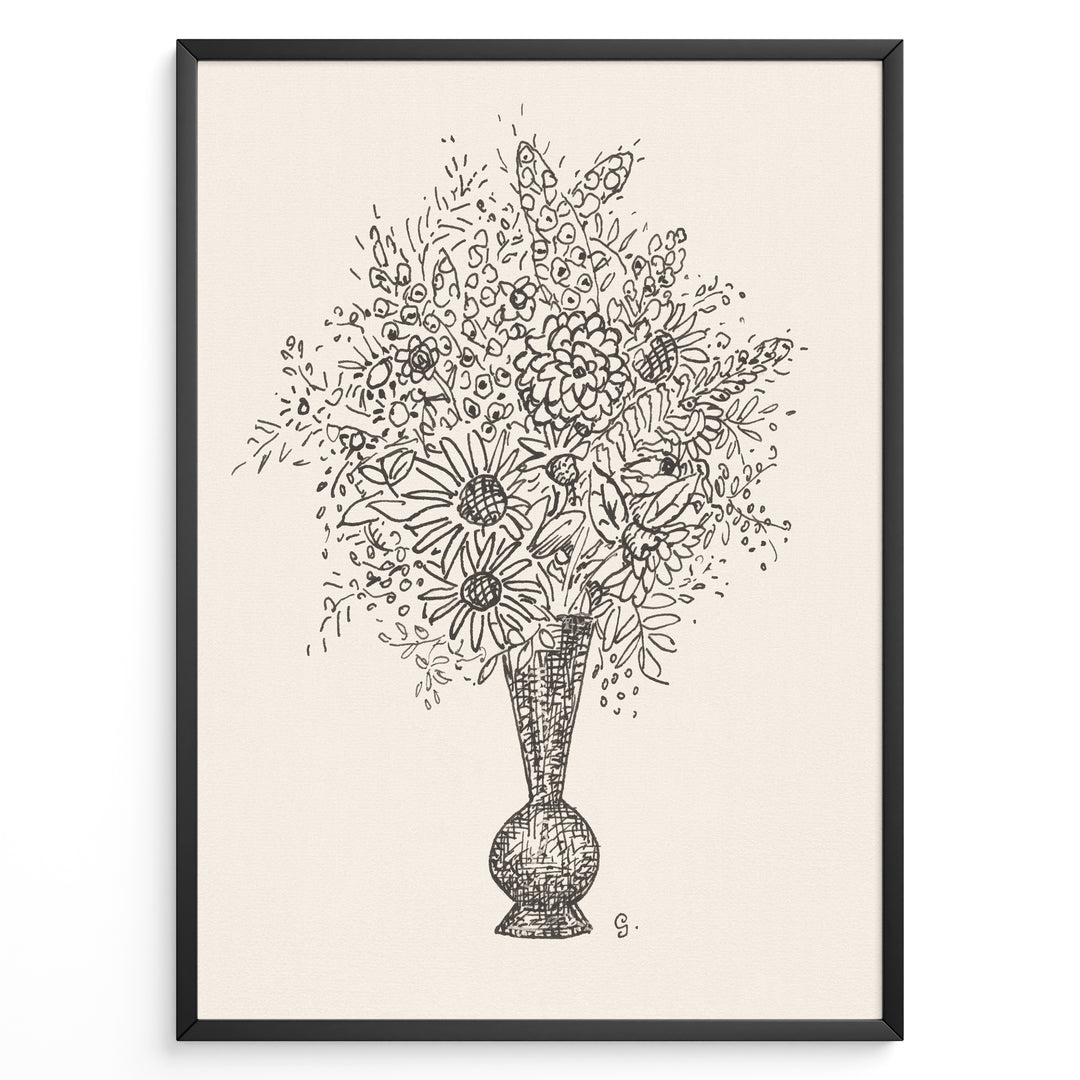 Framed vintage-style poster featuring a black line art sketch of flowers in a vase on a beige background.