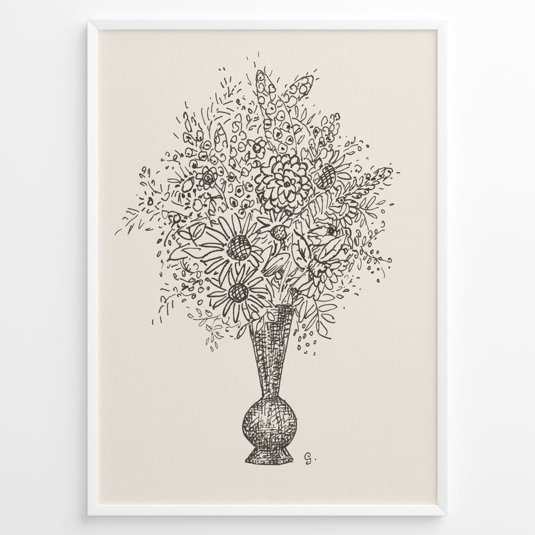 Framed vintage-style poster featuring a black line art sketch of flowers in a vase on a beige background.