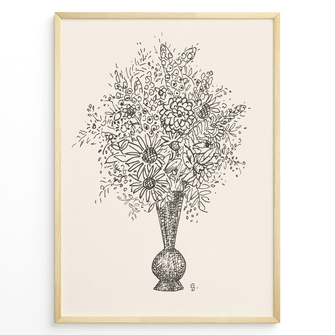 Framed vintage-style poster featuring a black line art sketch of flowers in a vase on a beige background.