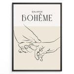 Ladda upp bild till gallerivisning, Framed Galerie Bohème poster featuring minimalist black line art of two hands holding each other on a beige and white background.

