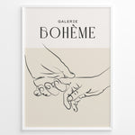 Ladda upp bild till gallerivisning, Framed Galerie Bohème poster featuring minimalist black line art of two hands holding each other on a beige and white background.
