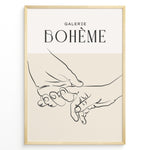 Ladda upp bild till gallerivisning, Framed Galerie Bohème poster featuring minimalist black line art of two hands holding each other on a beige and white background.
