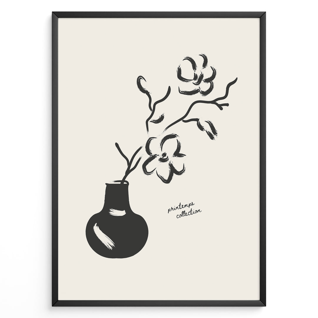 Minimalist black and white floral vase wall art print with brushstroke flowers in a modern frame.