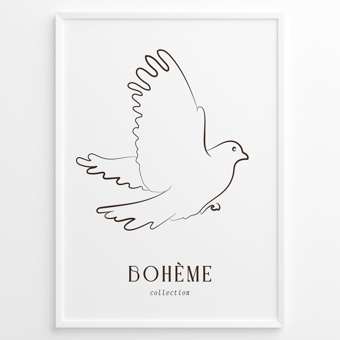 Framed Bohème collection poster featuring minimalist brown line art of a flying dove on a white background.