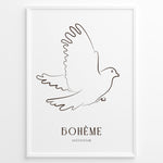 Ladda upp bild till gallerivisning, Framed Bohème collection poster featuring minimalist brown line art of a flying dove on a white background.
