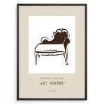 Ladda upp bild till gallerivisning, Framed Art Bohème poster featuring minimalist brown line art of a vintage chaise lounge on a beige background.
