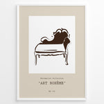 Ladda upp bild till gallerivisning, Framed Art Bohème poster featuring minimalist brown line art of a vintage chaise lounge on a beige background.
