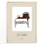 Ladda upp bild till gallerivisning, Framed Art Bohème poster featuring minimalist brown line art of a vintage chaise lounge on a beige background.
