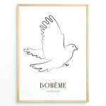 Ladda upp bild till gallerivisning, Framed Bohème collection poster featuring minimalist brown line art of a flying dove on a white background.
