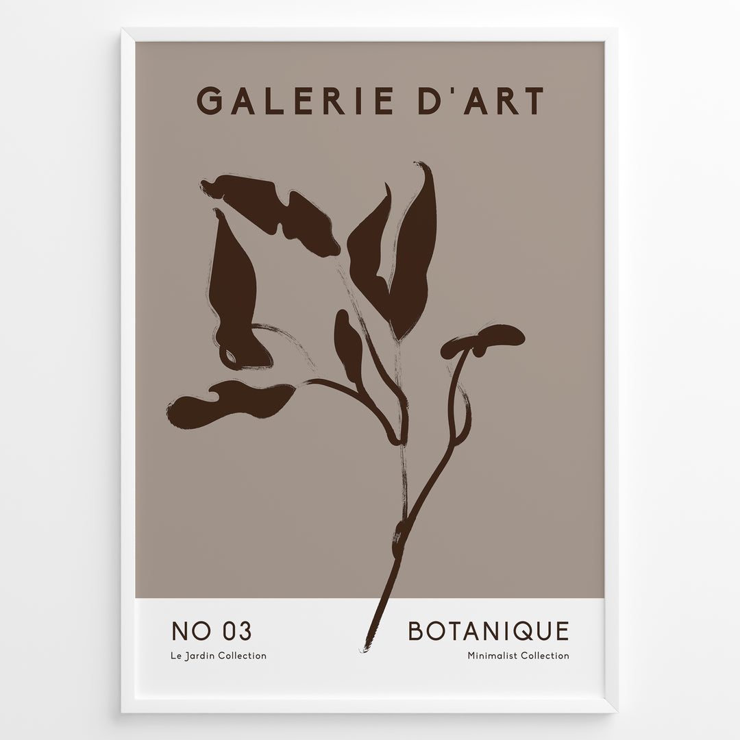 Framed Galerie D’Art Botanique poster featuring minimalist brown botanical line art on a taupe background with white text area.