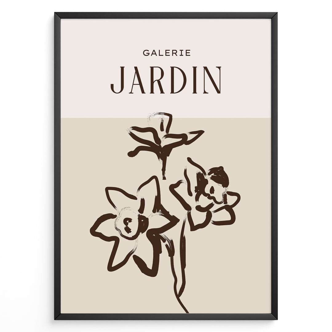 Framed Galerie Jardin poster featuring minimalist brown floral line art of blooming flowers on a beige and cream two-tone background.
