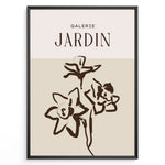 Ladda upp bild till gallerivisning, Framed Galerie Jardin poster featuring minimalist brown floral line art of blooming flowers on a beige and cream two-tone background.
