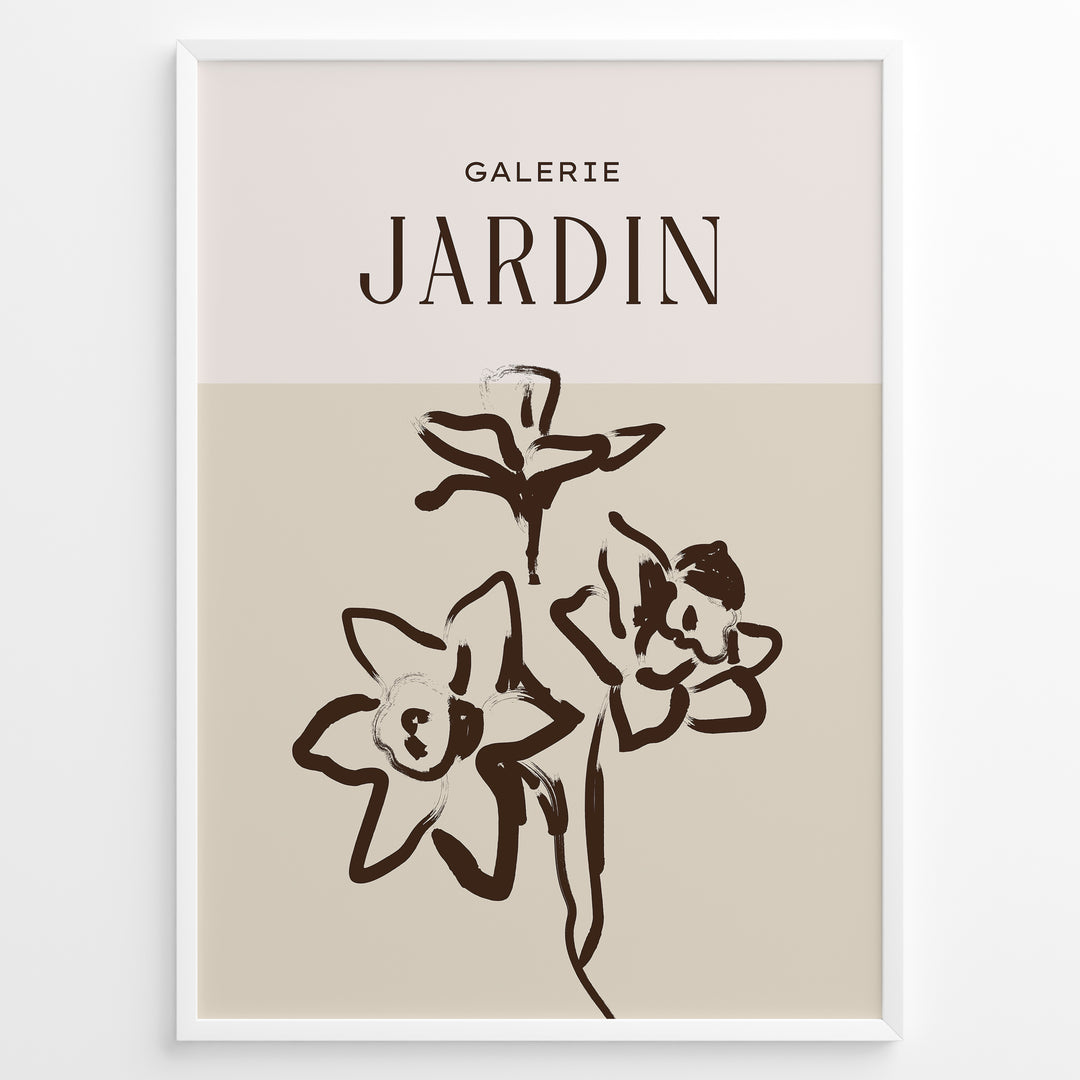 Framed Galerie Jardin poster featuring minimalist brown floral line art of blooming flowers on a beige and cream two-tone background.
