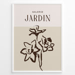 Ladda upp bild till gallerivisning, Framed Galerie Jardin poster featuring minimalist brown floral line art of blooming flowers on a beige and cream two-tone background.
