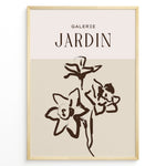 Ladda upp bild till gallerivisning, Framed Galerie Jardin poster featuring minimalist brown floral line art of blooming flowers on a beige and cream two-tone background.
