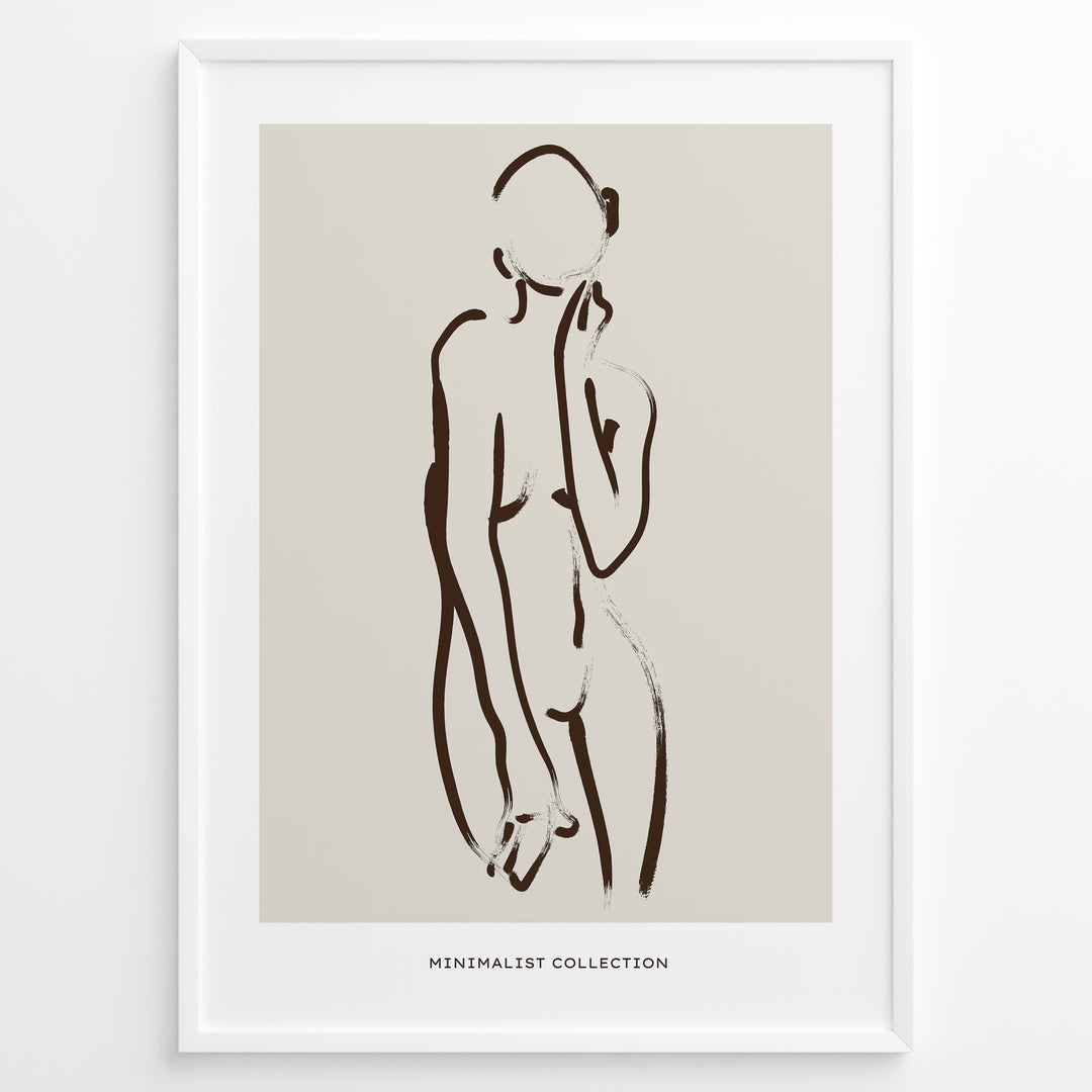Framed minimalist poster featuring abstract brown line art of a female silhouette on a beige background with “Minimalist Collection” text.