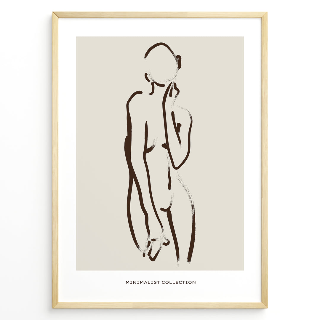 Framed minimalist poster featuring abstract brown line art of a female silhouette on a beige background with “Minimalist Collection” text.