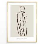 Ladda upp bild till gallerivisning, Framed minimalist poster featuring abstract brown line art of a female silhouette on a beige background with “Minimalist Collection” text.
