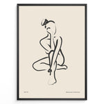 Ladda upp bild till gallerivisning, Framed bohemian collection poster featuring minimalist black line art of a seated female silhouette on a beige background with subtle text.
