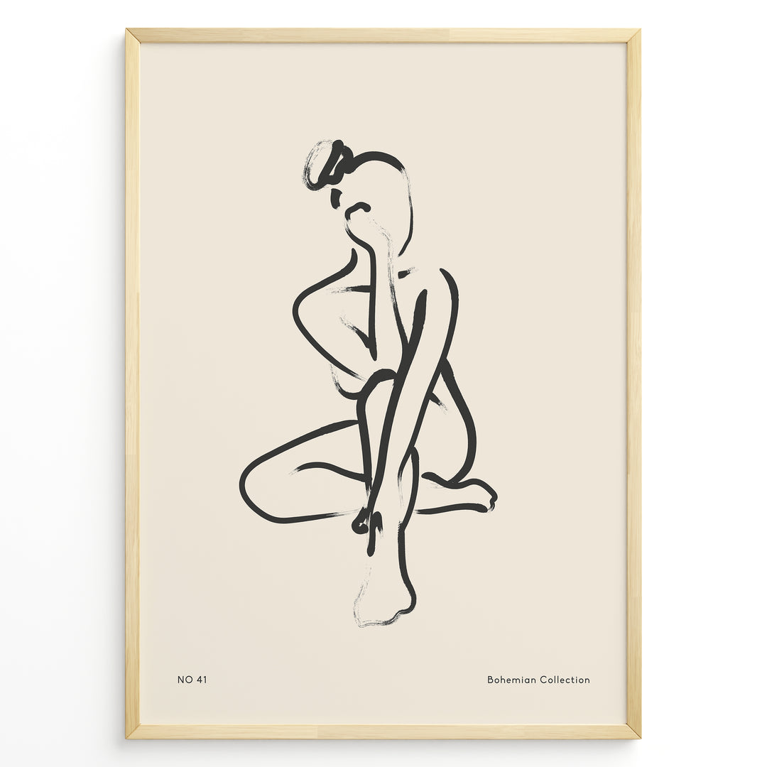 Framed bohemian collection poster featuring minimalist black line art of a seated female silhouette on a beige background with subtle text.
