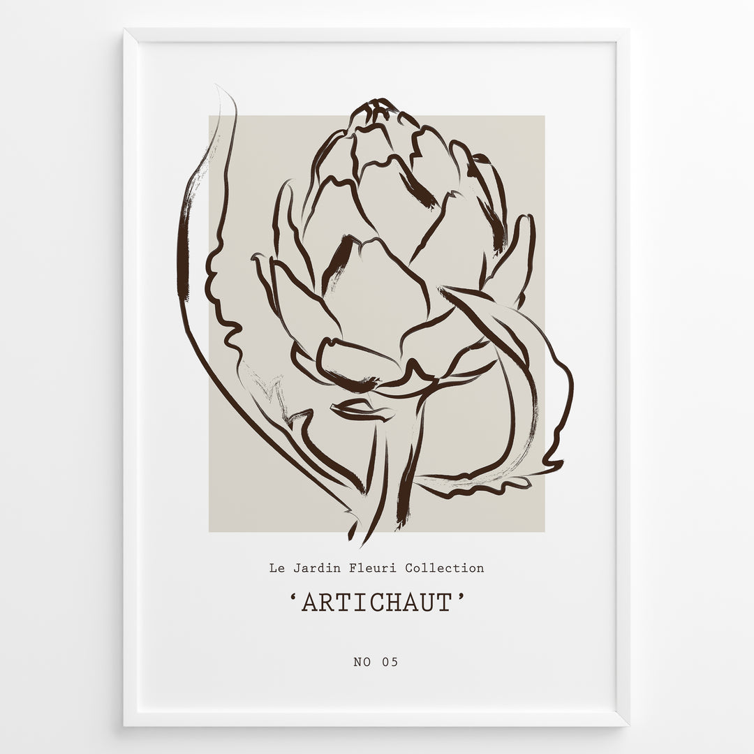 Framed Artichaut poster with minimalist brown line art of an artichoke flower on a beige square background, from Le Jardin Fleurí Collection.