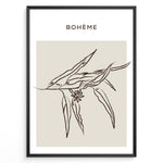 Ladda upp bild till gallerivisning, Framed Bohème poster featuring minimalist brown line art of botanical leaves and a small flower on a beige square background.
