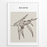 Ladda upp bild till gallerivisning, Framed Bohème poster featuring minimalist brown line art of botanical leaves and a small flower on a beige square background.
