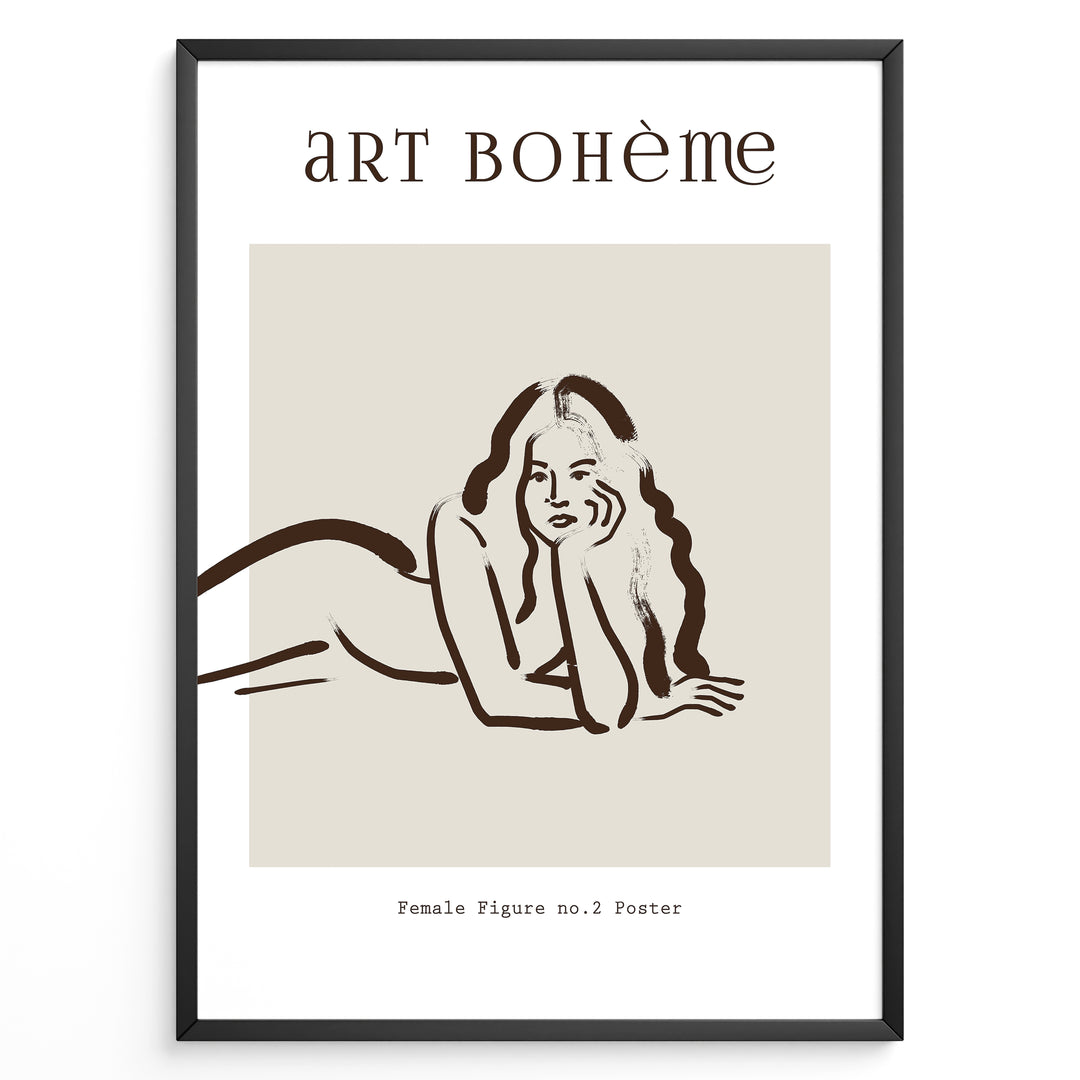 Framed Art Bohème poster featuring minimalist brown line art of a reclining woman with flowing hair on a beige background.